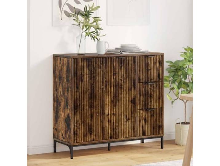 RJPLMFV Anrichte Eiche Rauchfarben, 89,5 x 33 x 82 cm, Holz Möbelstück für Wohnzimmer, Drehtüren, Traglast 60 kg, Wandbefestigung