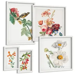 BILDER SET 5er Set - 50x50 cm & 20x30 cm & 40x60 cm Weißer Rahmen - Gemalte Blumen, Retro-Vogel
