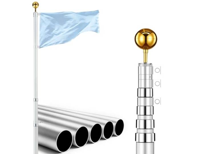 VEVOR Mât de Drapeau Télescopique 6 m Kit Mât de Drapeau Alu Épais Argent Pour Jardins Résidentiels\, Entrées Commerciales\, Lieux Événementiels\, Espaces Extérieurs\, Robuste\, avec Manchon de Sol PVC