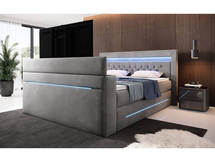Boxspringbett Pluto mit TV Lift, RGB und Stauraum - 140x200 - Grau - H4 (100kg+) - Luxusbetten24