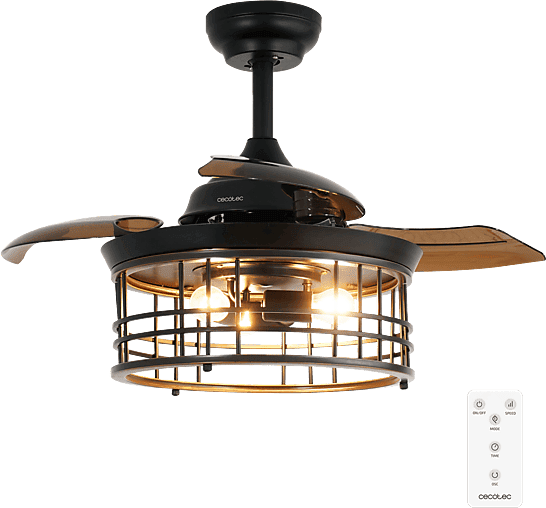 Ventilador de techo - Cecotec EnergySilence Aero 3600, Lámpara integrada, 3 aspas retráctiles, 6 velocidades, Mando, Modo invierno/verano, Marrón