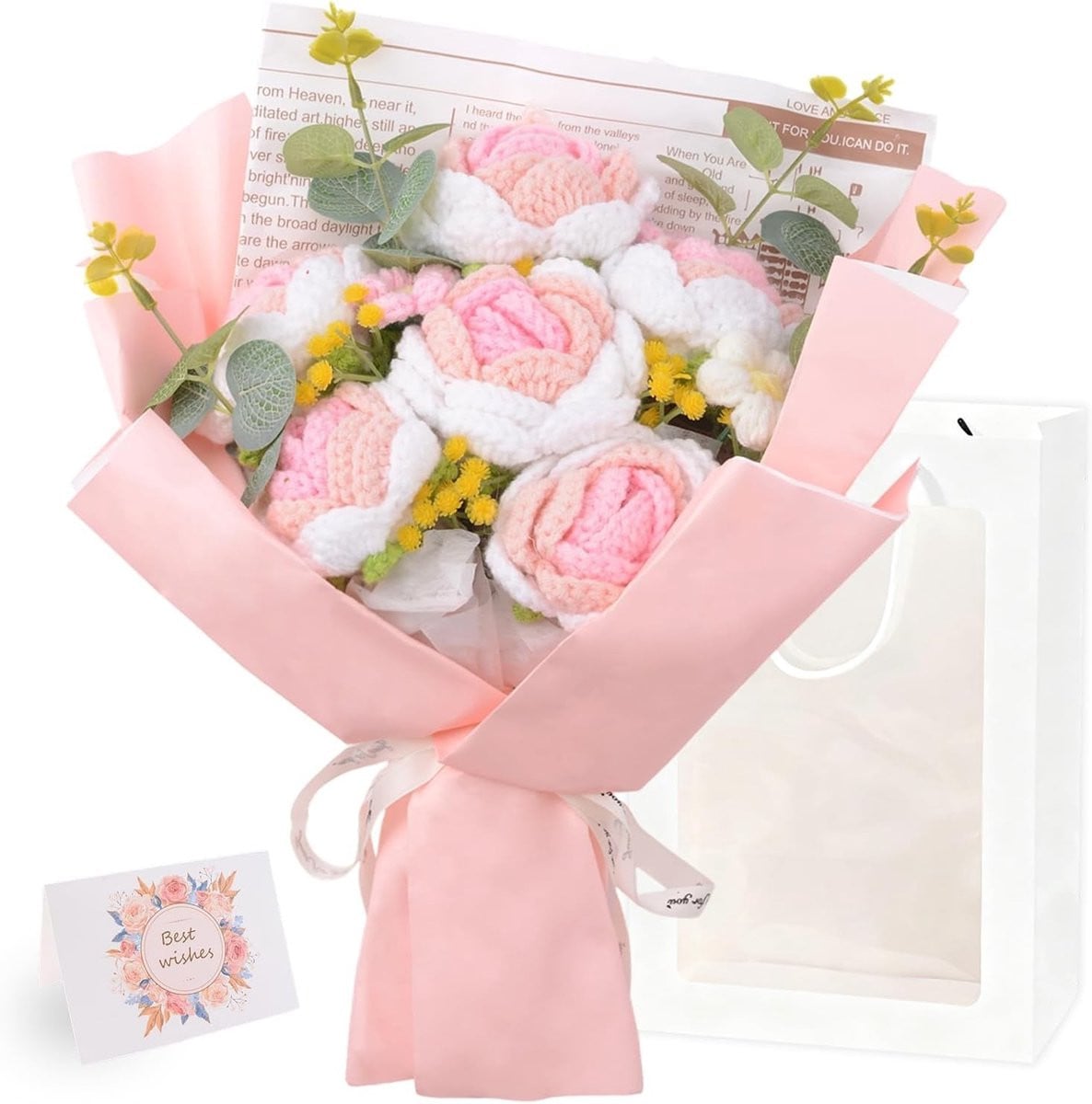 Handgemaakt gehaakt bloemenboeket met roze rozen voor decoratie