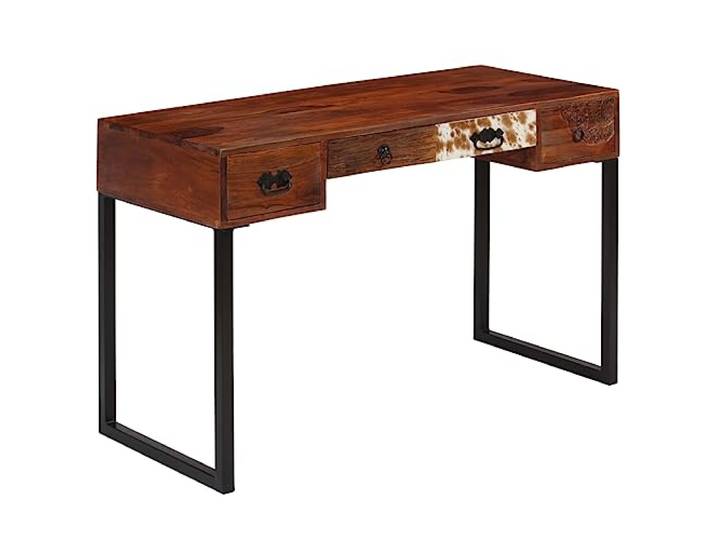 FDSAQOPT Schreibtisch Massivholz Akazie Echtleder 117x50x76 cm 4 Schubladen Vintage-Charme, Industrie-Stil Stahlbeine, handgeschnitzte Details, Konsolentisch, Computertisch, Büro