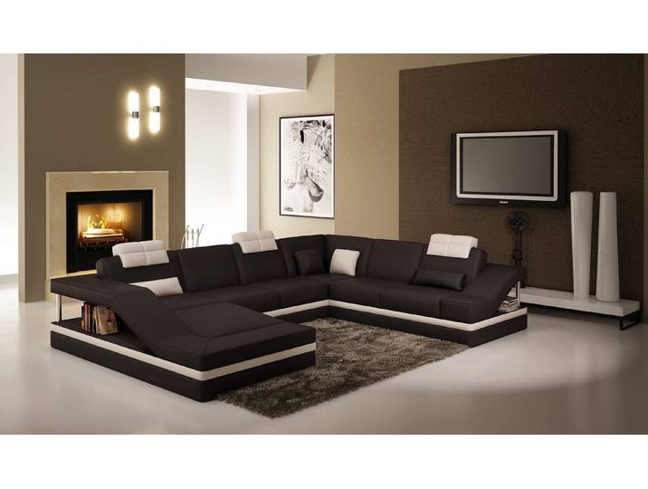 JVmoebel Wohnlandschaft Schwarzes Leder Sofa mit Boxspring-Polsterung und Ottomane, Made in Europa