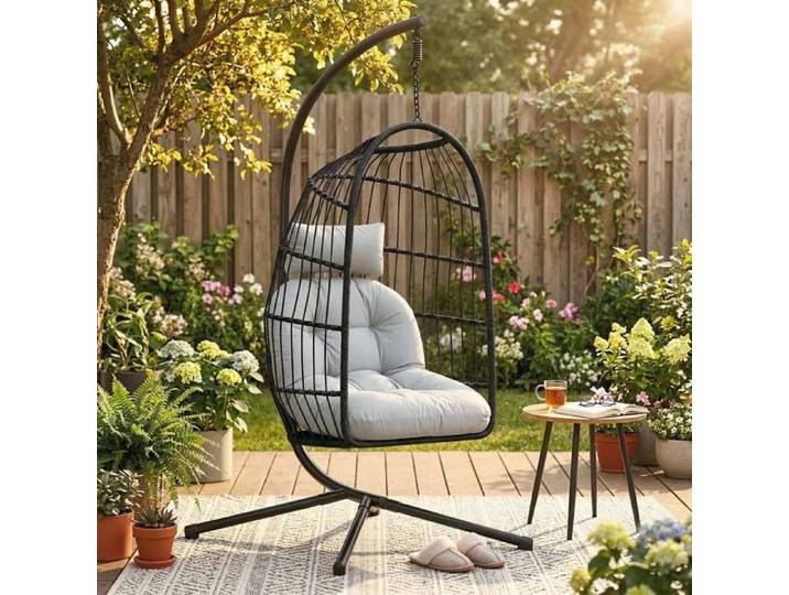 Fauteuil œuf suspendu extérieur avec support et sangle de sécurité noir/gris clair