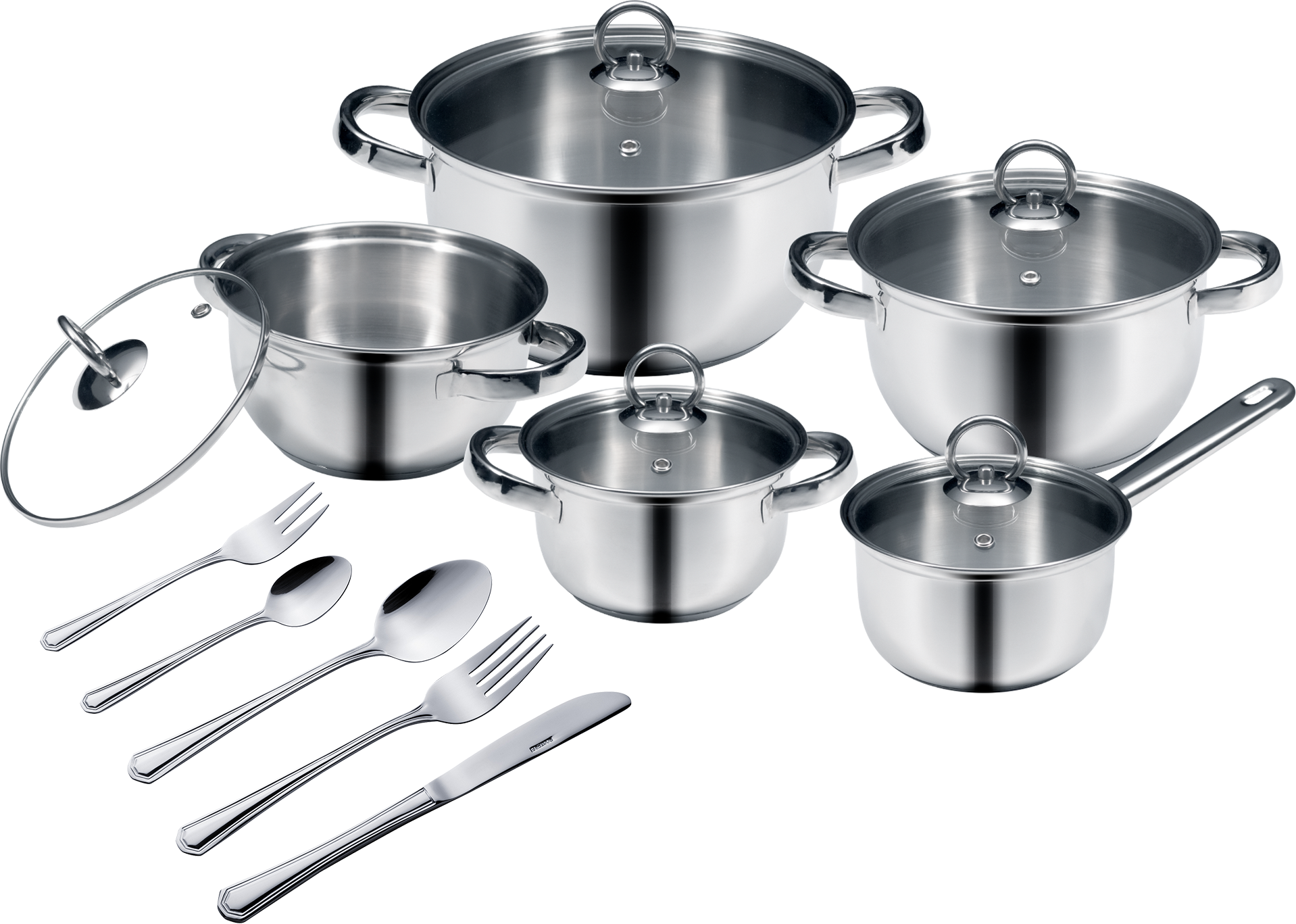 Kochtopf KING "Silver Line", silber (silberfarben), Töpfe, Kochtopf, Edelstahl, 5 Töpfe inkl. Glasdeckel, 30tlg. Besteck-Set