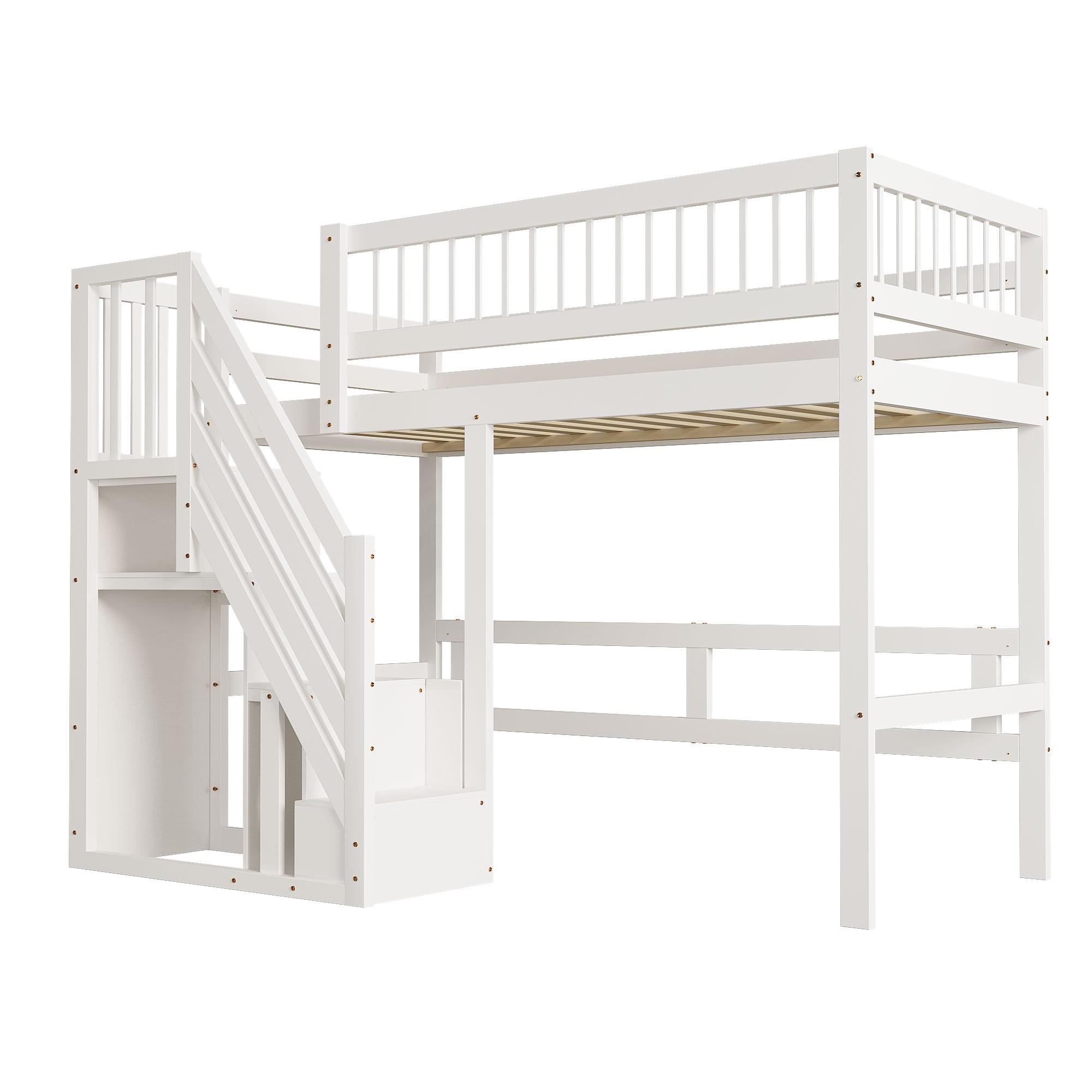 Massivholzbett 90*200, Treppe mit Aufbewahrungsschrank, Kinderbett, Jugendbett, Einzelbett, Massivholzrahmen, hohe Ausführung, weiß