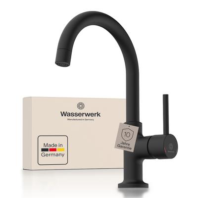 Waschtischarmatur WASSERWERK "WT 14", schwarz (schwarz matt), B:4,5cm H:25cm T:17cm, Messing, Armaturen, inkl. Popup, 360 schwenkbar, geräuscharm, wassersparend