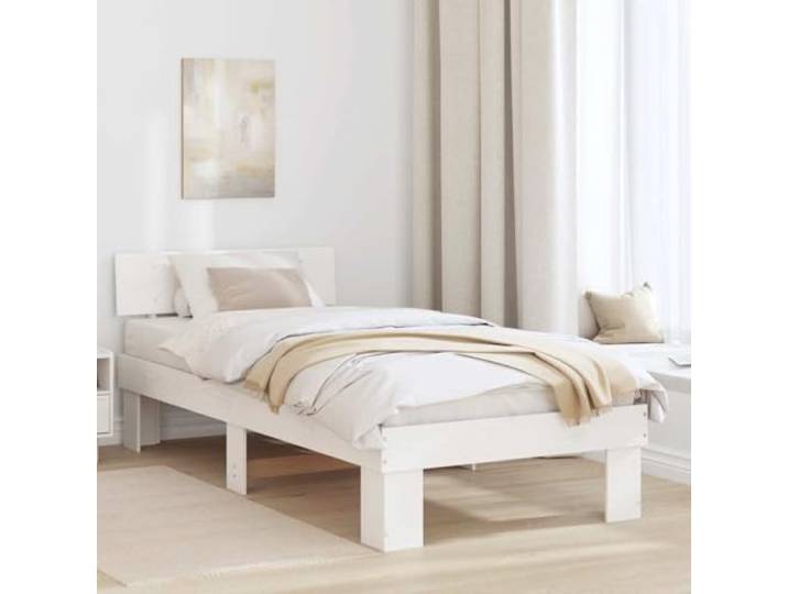 RJPLMFV Bettgestell, Weiß, 100 x 200 cm, massives Kiefernholz Mit Kopfteil, Lattenrost, modernes Design, feuchtes Tuch abwischen