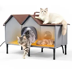 VEVOR Katzenhaus 35 W Katzenhöhle mit Heizmatte 835x440x540 mm Isoliert, Katzenmöbel für Outdoor Winterfest, Platz für 2-3 Katzen, mit Erhöhtem Ständer, Doppeltür & Sichtschutzvorhang, 35–45 °C