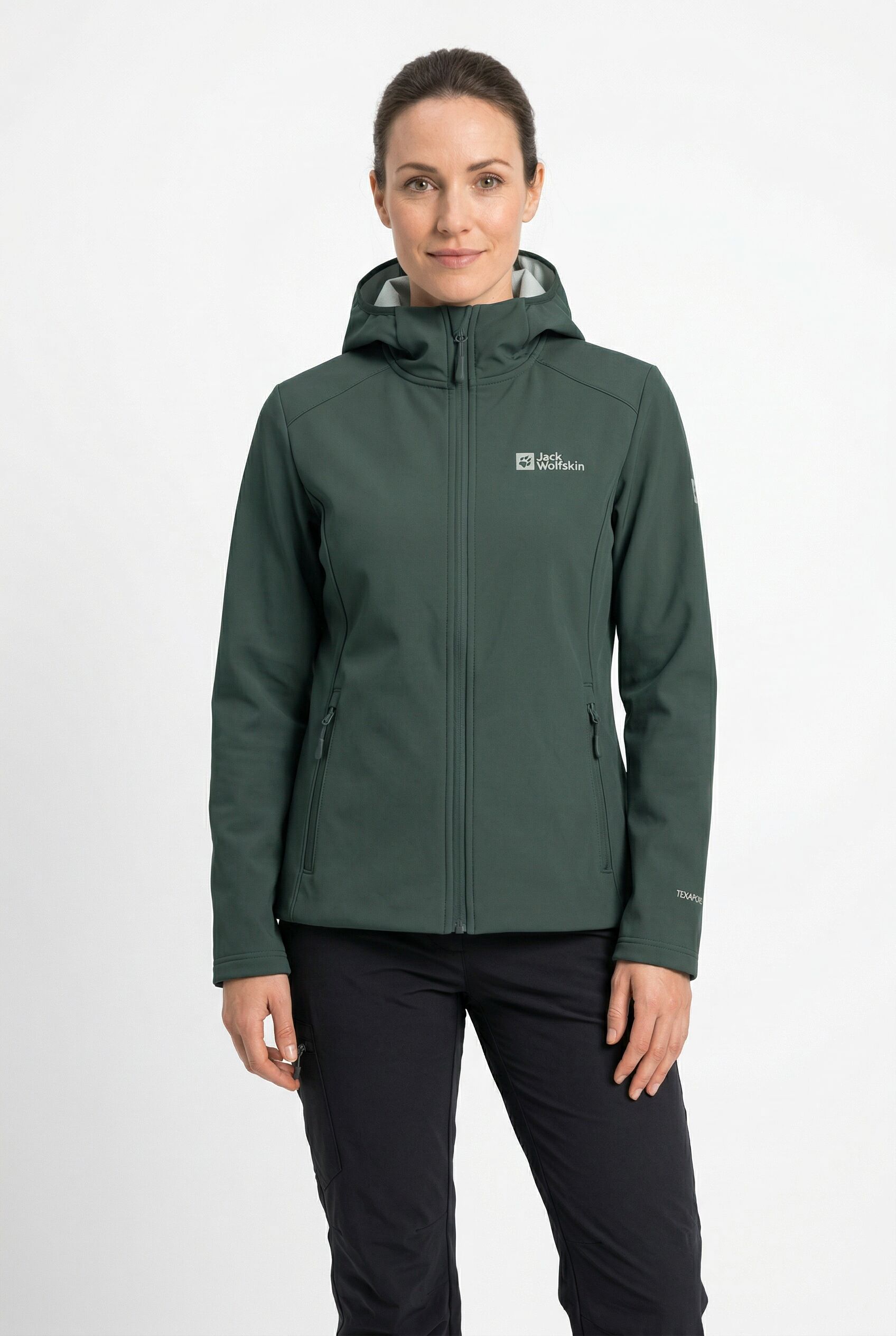 Softshelljacke JACK WOLFSKIN "BORNBERG HOODY W", Damen, Gr. S (36), grün (sago palm), Softshell, Obermaterial: 100% Polyester. Futter: 100% Polyester, unifarben, Basic hüftbedeckend, Jacken Softshelljacke, mit fester Kapuze, atmungsaktives Softshell-Mater