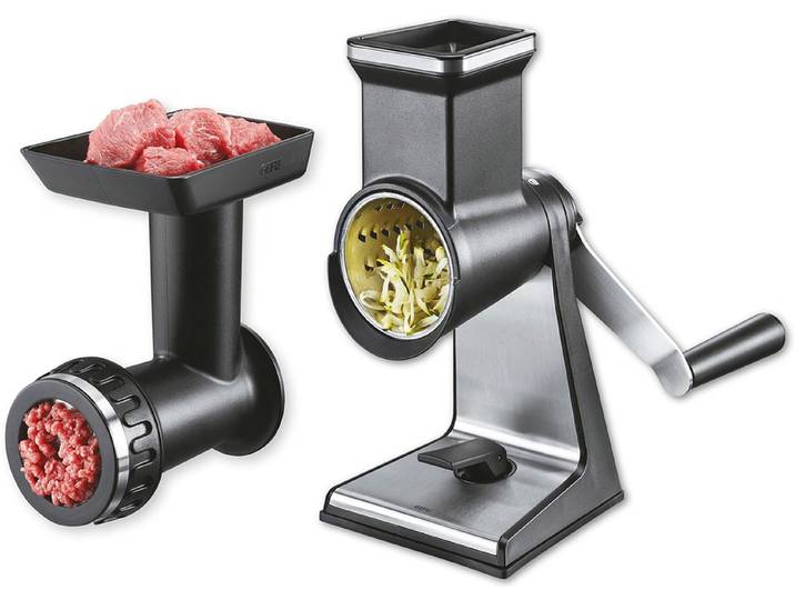 Trommelreibe GEFU TRANSFORMA , silber, B:13,5cm L:27,5cm T:28,6cm Ø:8,2cm, Edelstahl, Kunststoff, Küchenreiben, Trommelreibe, umfangreiches Set, 20 Jahre Garantie