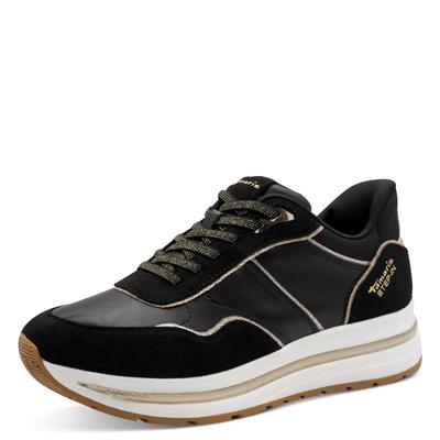 Plateausneaker TAMARIS, Damen, Gr. 40, Textil, schwarz, Lederimitat, Textil, Schuhe Plateausneaker, Freizeitschuh, Halbschuh, Schnürschuh mit Kontrast-Paspellierung