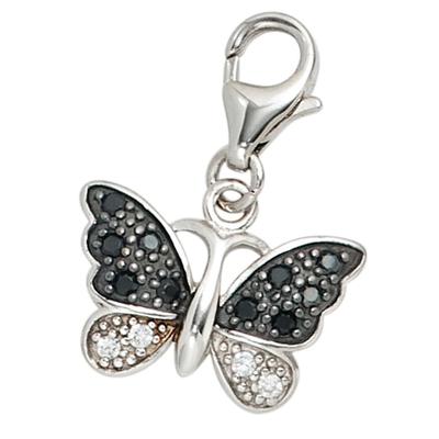 Charm Schmetterling JOBO "Anhänger Schmetterling", silber (silber 925), Charms, Damen, Silber 925 (Sterlingsilber), 925 Silber mit 14 Zirkonia schwarz weiß