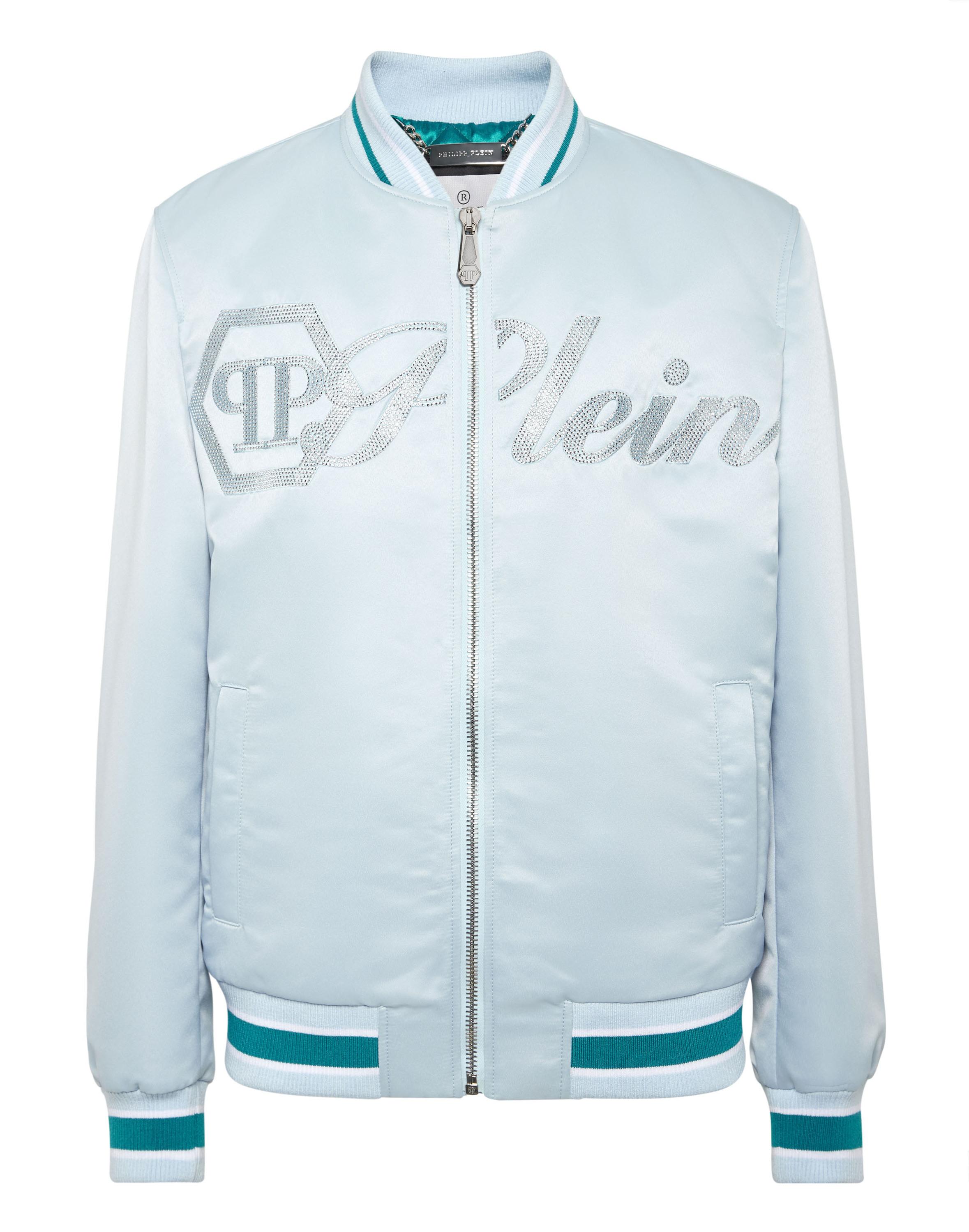 Philipp Plein Satin-Bomberjacke mit Strass-Logo - Hellblau