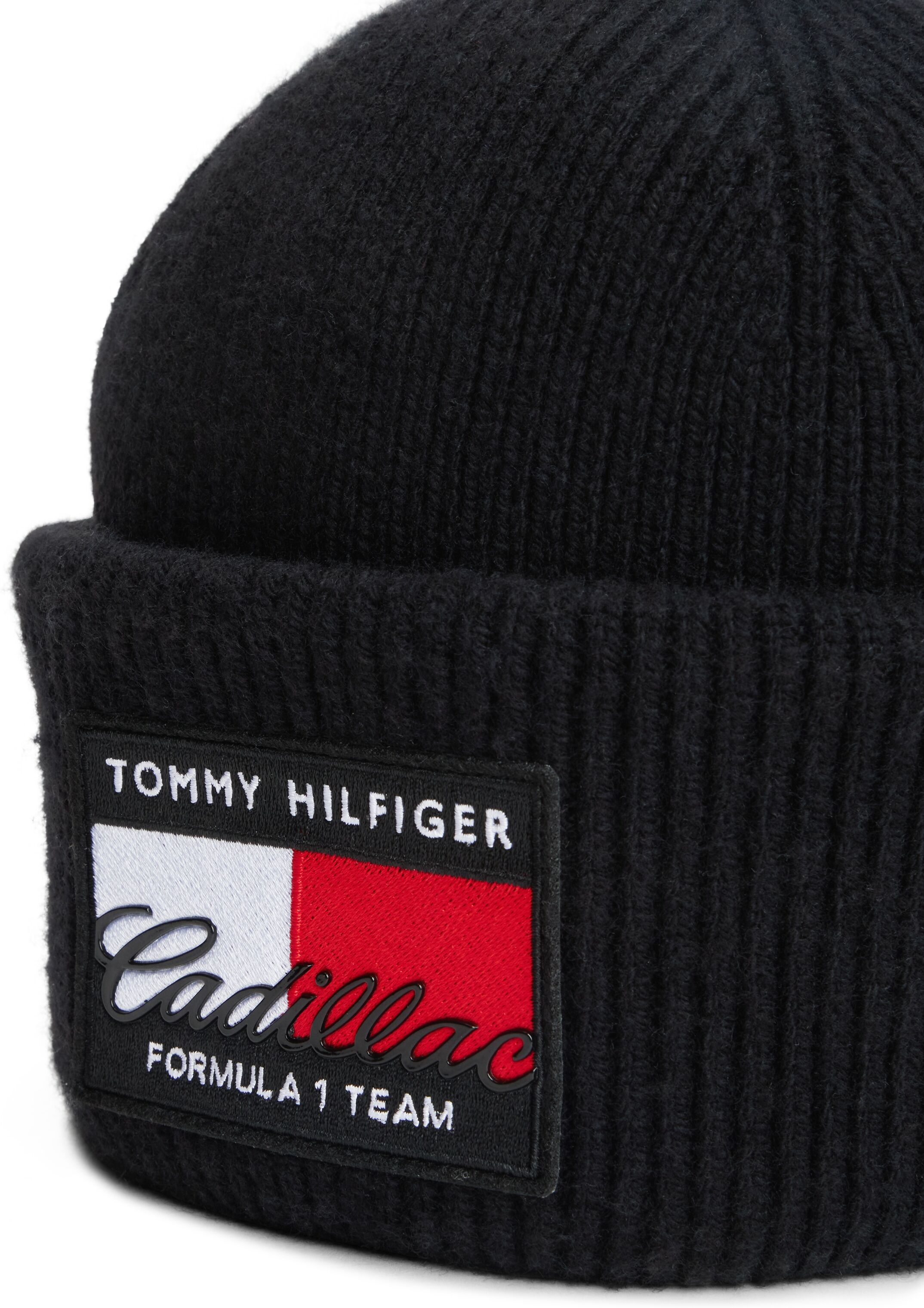 Beanie TOMMY HILFIGER "TH x Cadillac Formula 1 Team-Flag-Logo", schwarz, Strick, Wollmischung, unifarben, Mützen Beanie, Wollmix, Unisex schwarz Einheitsgröße