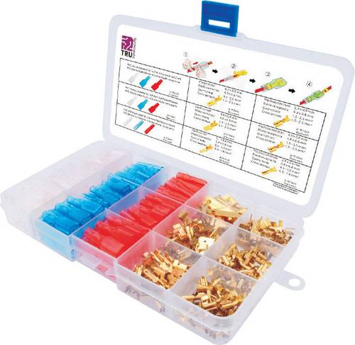 TRU COMPONENTS T1809C019 Flachstecker-Sortiment Rot, Blau, Transparent, Messing 320 Teile