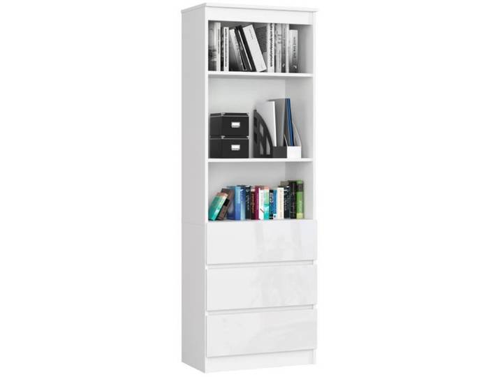 Bibliothèque de bureau AKORD R60 Blanche 60 cm 3 tiroirs façade Blanche Brillante 3 étagères 60x35x180 cm