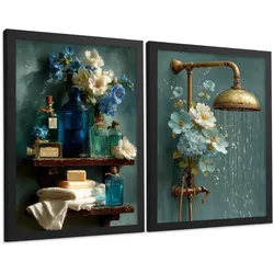 POSTER 2er-Set dekorative Badezimmer-Wandbilder, ästhetische Dusche und WC, Badezimmerdekoration mit Blumen Flaschen und Dusche Schwarzer Rahmen A3