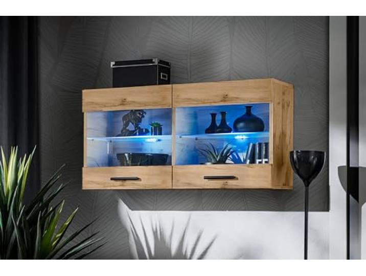 Komodee Vitrine Savona A1 Wotan/Wotan 100x50x30 cm Vitrine Savona, Wotan/Wotan, Breite 100cm x Höhe 50cm x Tiefe 30cm, Blaue LEDs, 2 Glasböden, 2 Türen, für Wohnzimmer