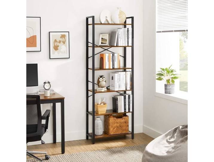 Bibliothèque style industriel VASAGLE - 6 niveaux - 30 x 66 x 186 cm - Marron Rustique et Noir