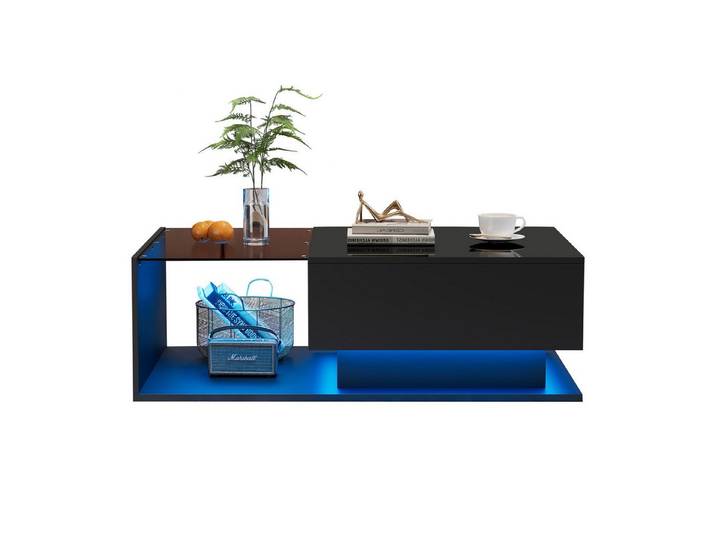 REDOM Couchtisch Moderner schwarzer Couchtisch mit Hochglanz (1-St., mit 1 Schublade,100x50x32cm), mit Glasplatte und Schubladen, kratzfest