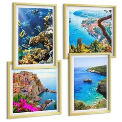 BILDER SET 4er Set - 50x50 cm & 40x60 cm Goldrahmen - Meerblick, farbenfrohe Häuser