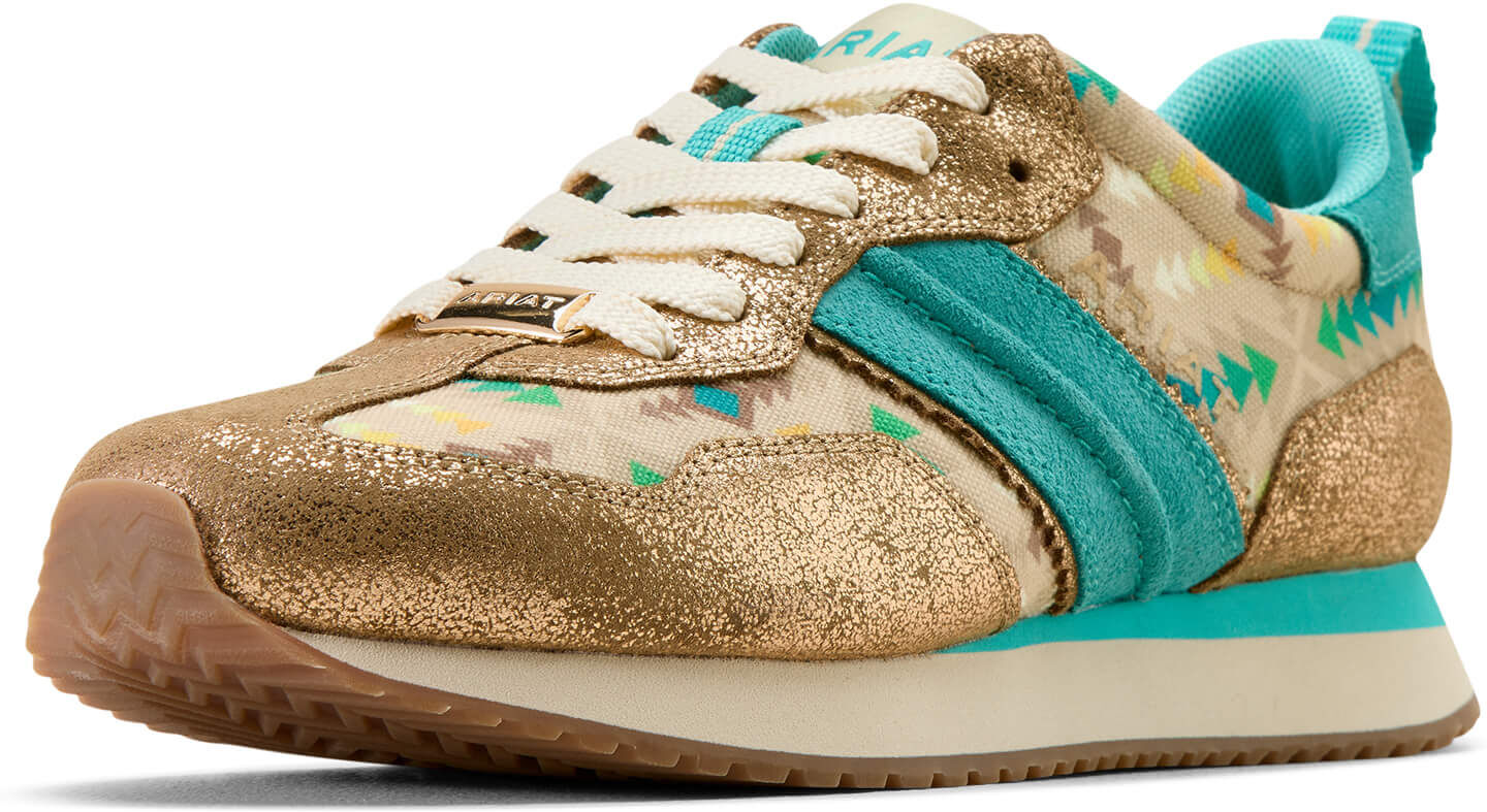 Women's Ranch Runner Shoe in Turquoise Blanket Print Metallic Bronze, Size: 8 B / Medium by Ariat