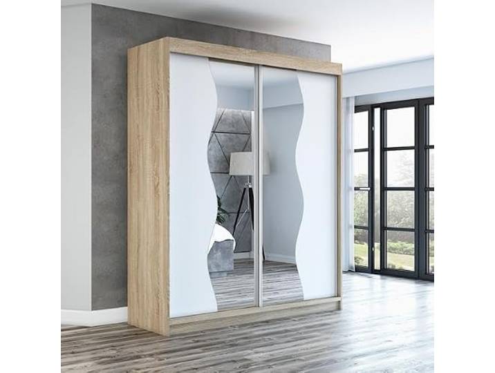 A&J MöbelLand Schwebetürenschrank RIMA 2-türig mit Spiegel, Kleiderschrank 160 cm (Sonoma)