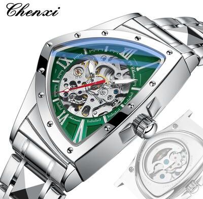 Youfap Market Premium Triangle Skeleton Men Mechanical Watch With Luminous Stainless Steel Strap green