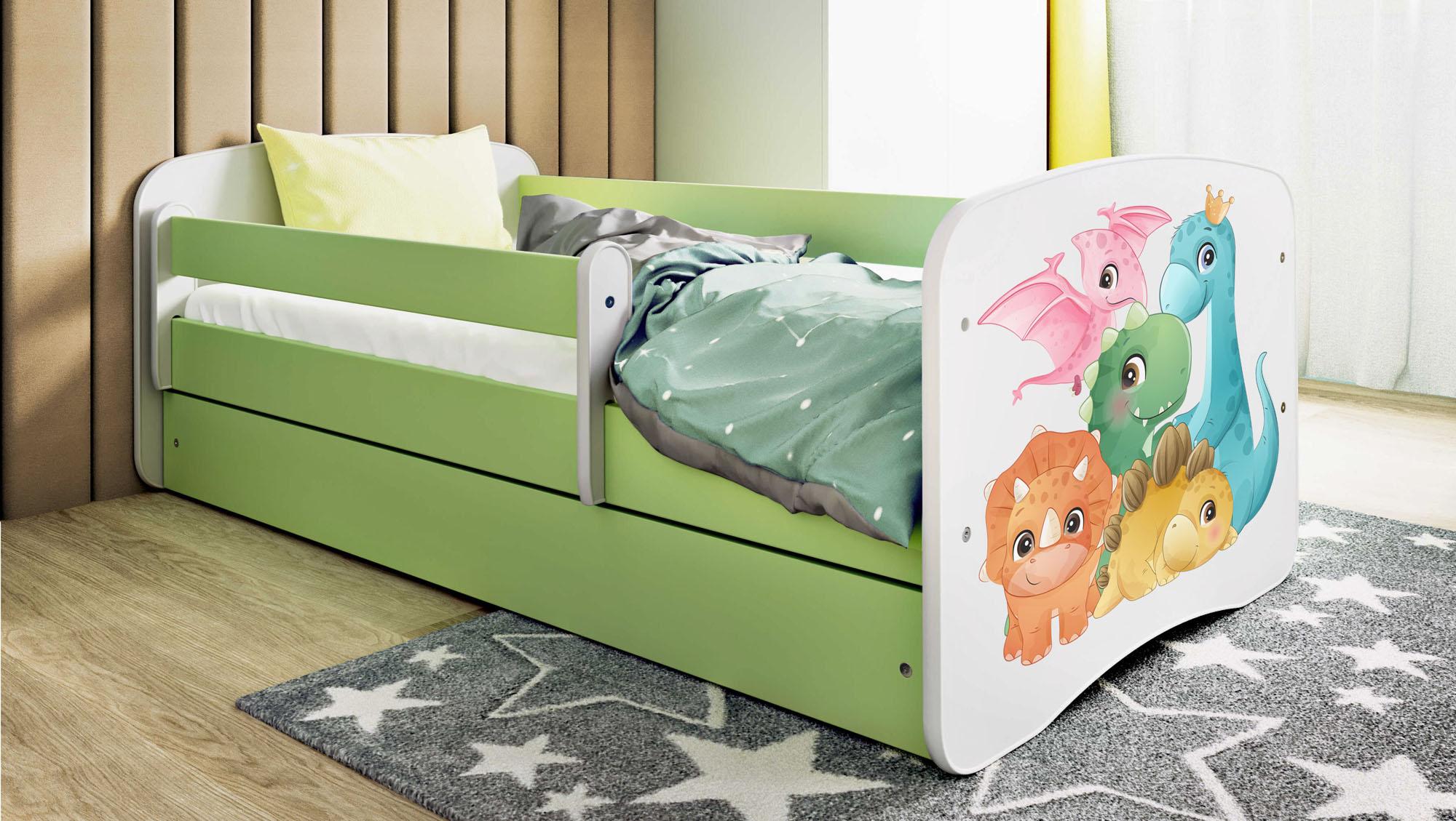 Kinderbett Grün 70x140 80x160 80x180 cm - mit Matratze, Rausfallschutz und Schublade - Jugendbett für Mädchen und Jungen - Stabil und Sicher - Dinosaurier - 160x80 cm