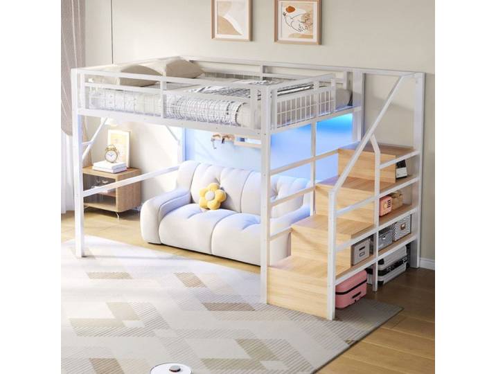 Lit mezzanine Adolescents 140x200cm avec barre lumineuse LED structures D'escalier avec rangement sans matelas blanc