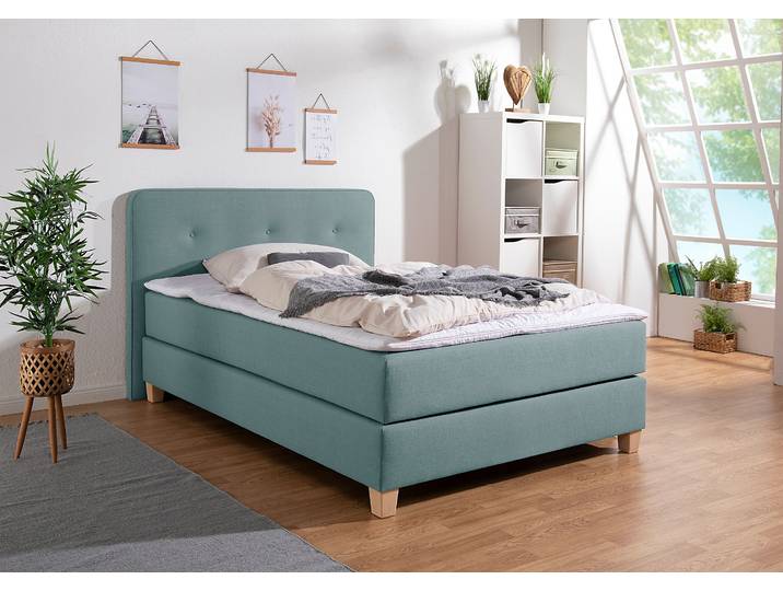 Boxspringbett, Strukturstoff, Blau (Petrol), 133×207 cm, Mit Topper & 7-Zonen-Matratze, Klassisch, Home-affaire