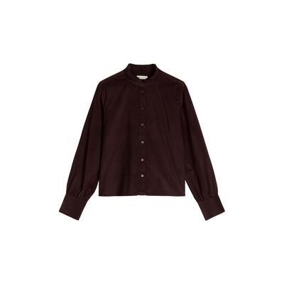 Langarmbluse MARC O'POLO "in samtiger Cord-Qualität", Damen, Gr. 40, braun (schwarz cherry), Obermaterial: 79% Baumwolle, 21% Lyocell, unifarben, regular fit bauchfrei, Manschette, Blusen