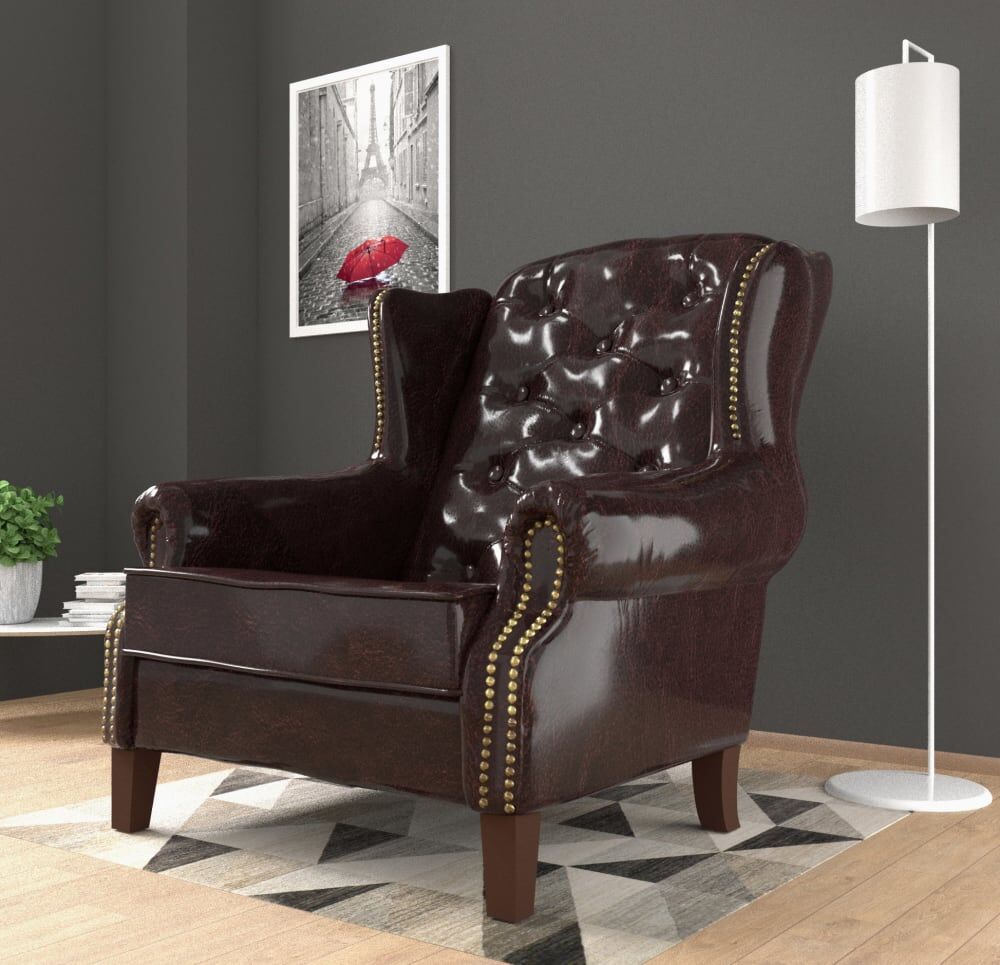 S-Style Fauteuil Chesterfield à oreilles en cuir végan, marron Marron 93x102x102cm