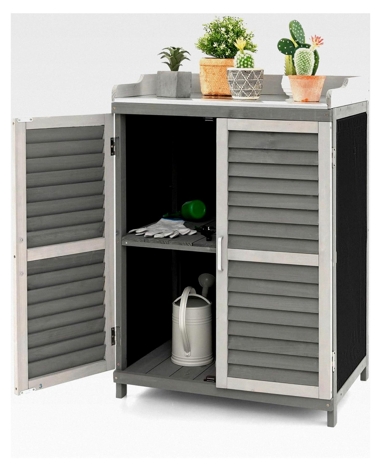 Gartenschrank aus Holz, Lagerschrank für den Garten, Holzschrank mit Metallplatte, 2 Lagerregalen und aufrollbaren Türen, Geräteschrank für Terrasse und Hinterhof, Grau