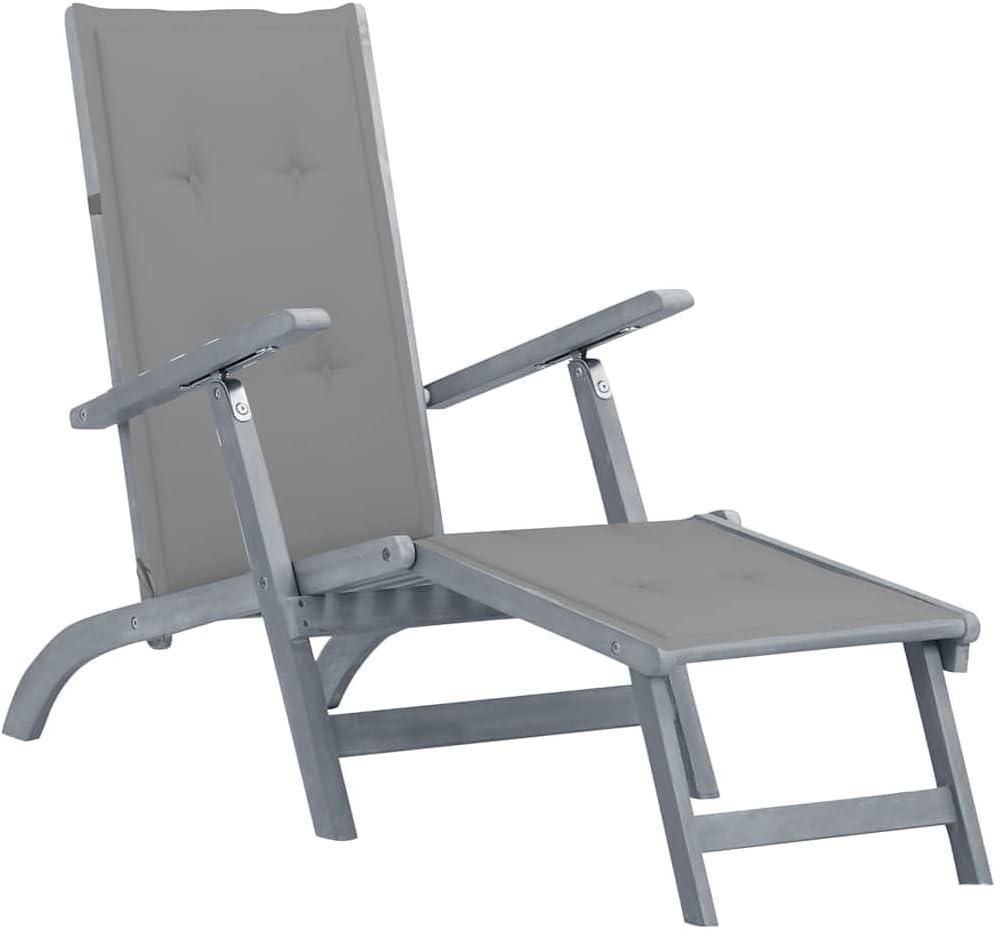 Klappbarer Liegestuhl aus massivem Akazienholz mit Fußstütze und Auflage, 3-fach verstellbar und wetterfest für Garten, Terrasse und Balkon, inklusive grauer Outdoor-Polsterauflage