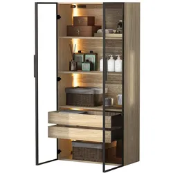 OKWISH Schrank mit LED-Beleuchtung, 74x36x155 cm, MDF, Milchglasschranktüren, Stauraum mit offenen Regalen und Schubladen, warmes Holz,  modern