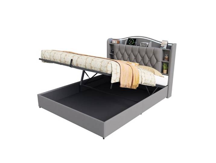 Lit 140x190 avec rangement USB et LED litcoffre 140x190 coffre cadre de lit 140x190 lit coffre 140x190 lit double 2 places Gris
