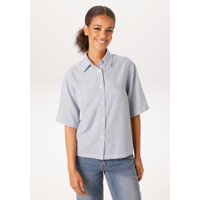 Hemdbluse ANISTON CASUAL, Damen, Gr. 42, blau, weiß, gestreift, Web, Obermaterial: 100% Polyester, Leinenoptik, gestreift, oversize hüftlang, Blusen Hemdbluse, im Streifen-Dessin