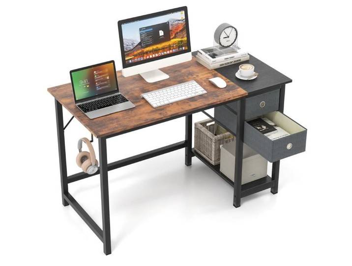 COSTWAY Bureau Informatique de 140 cm avec 2 Tiroirs Crochet de Suspension Étagère de Rangement Marron