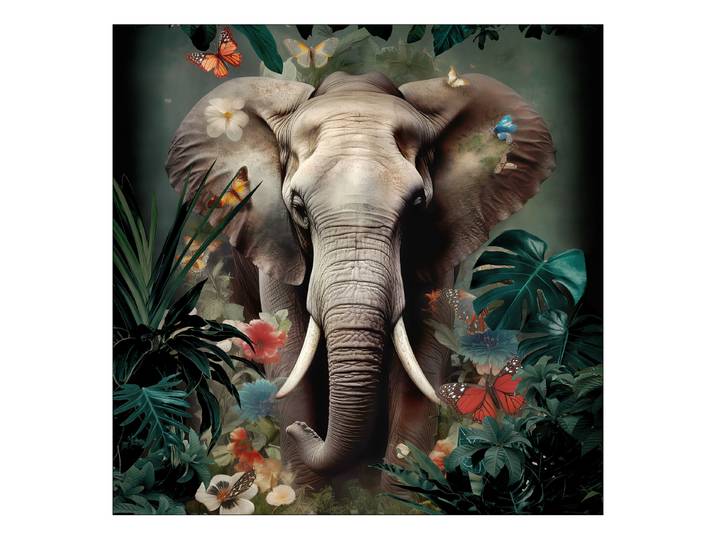 Glasbild Elephant In The Jungle Floatglas Rot/Grün/Grau 50 x 50cm