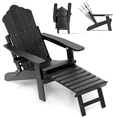 Costway All-Weather HIPS Patio Adirondack Lounge Chair with Retractable Footrest-Black