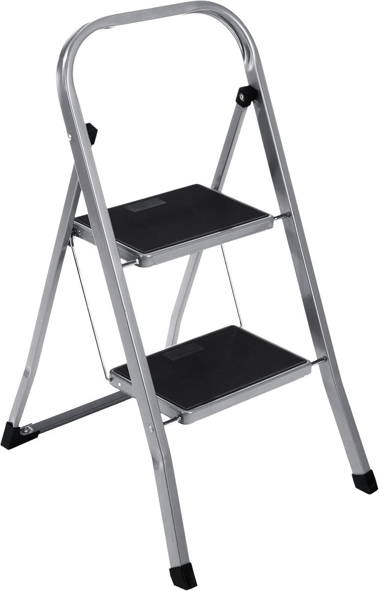 Famanu Trapladder met 2 treden, inklapbaar, zilver/zwart, draagvermogen 150 kg