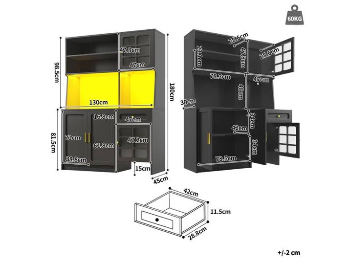 Armoire de cuisine - TRUXEN8 - 130x45x180 cm - Portes en verre - Éclairage LED - Noir