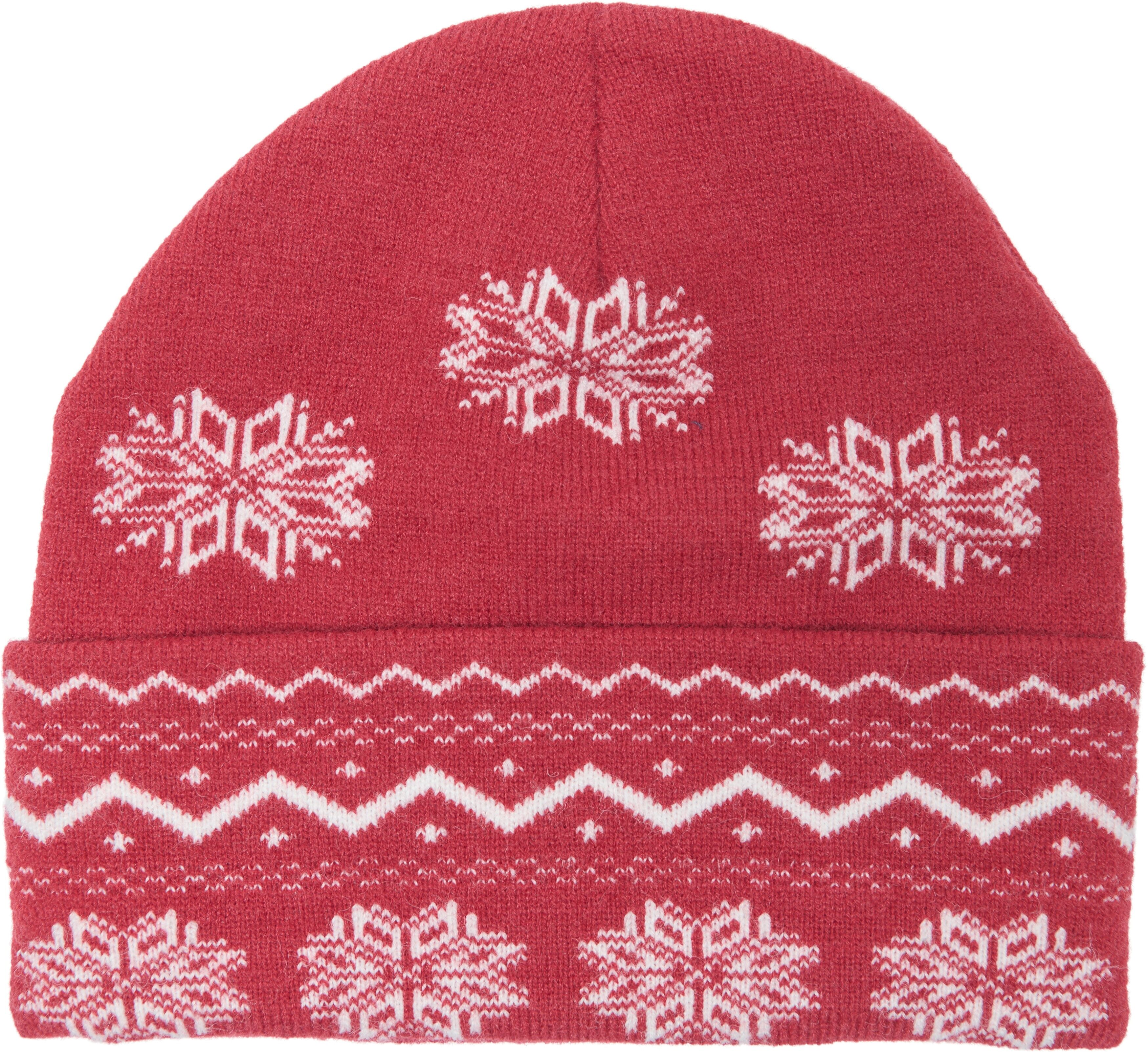 Beanie ONLY & SONS "ONSXMAS BEANIE", Herren, rot (pompeian rot aop:snowflake), Strick, Obermaterial: 100% Polyester, bedruckt, Mützen Beanie pompeian rot aop:snowflake Einheitsgröße