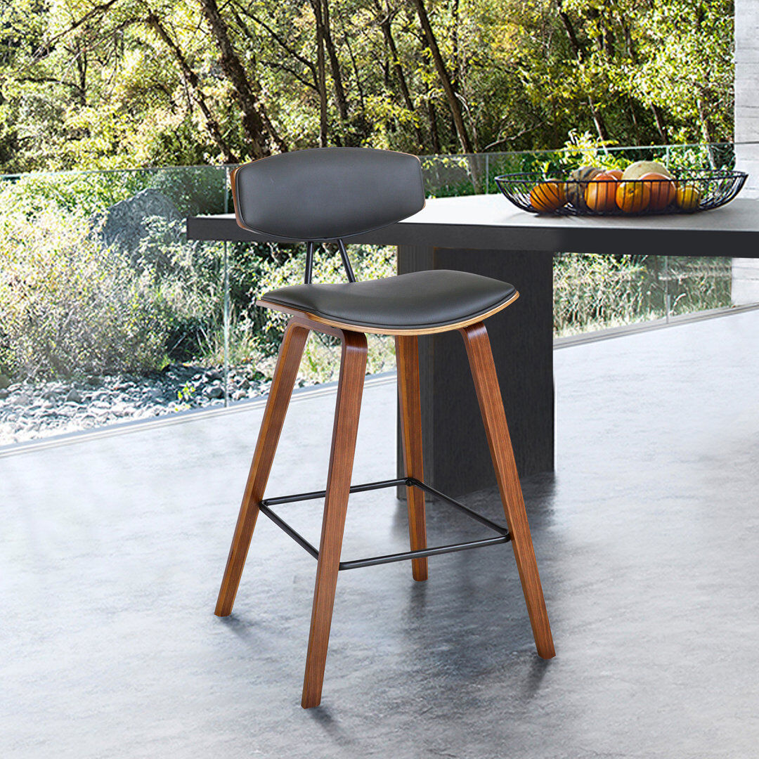 Mercury Tellis Mid-Century Modern Armless Stool in Faux Leather and Wood Grey/Walnut Counter Height