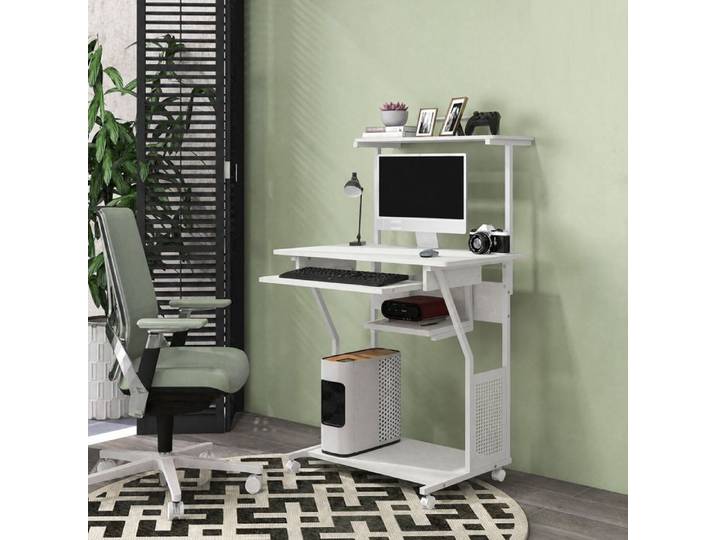 Bureau informatique - 4 roues - tablette pour clavier - plateau de clavier extensible - panneaux de particules - blanc