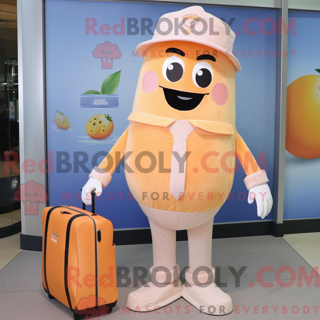 Maskottchenfigur REDBROKOLY eines Pfirsicheises gekleidet in Bootcut-Jeans und Aktentaschen