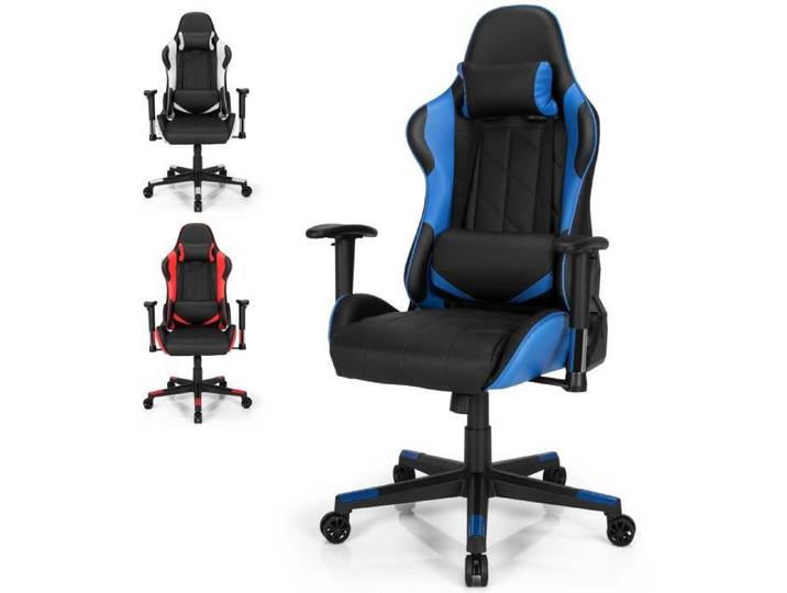 GOPLUS Chaise Gaming avec Dossier/Siège/Accoudoirs Réglables Chaise avec Appui-tête et Oreiller Lombaire pour Bureau Salon Bleu